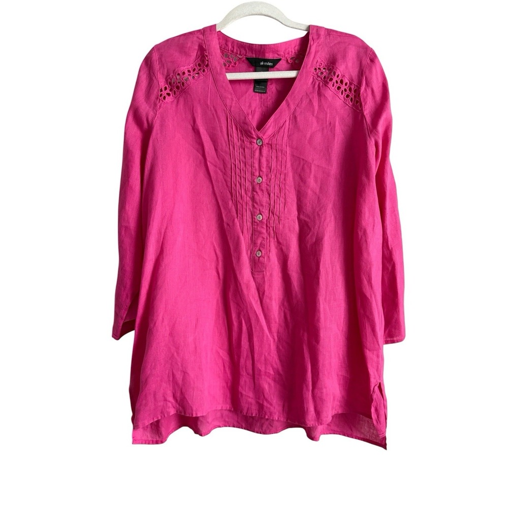 Ali Miles Linen Top Blouse Women's XL Hot Pink Roll Tab Sleeves Lagenlook Artsy
